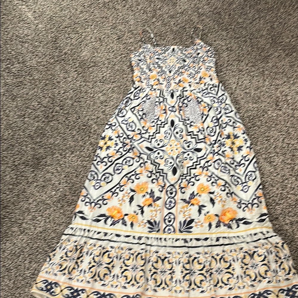 White and Yellow Floral Maxi Dress with Navy Scroll Print